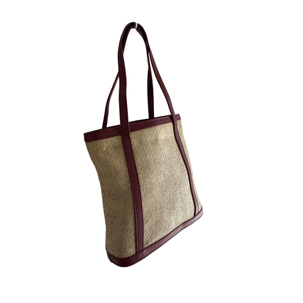 Etienne Aigner Tote Bag Womens Small Beige Straw Red Leather Fruit Lining Beach - Picture 2 of 5